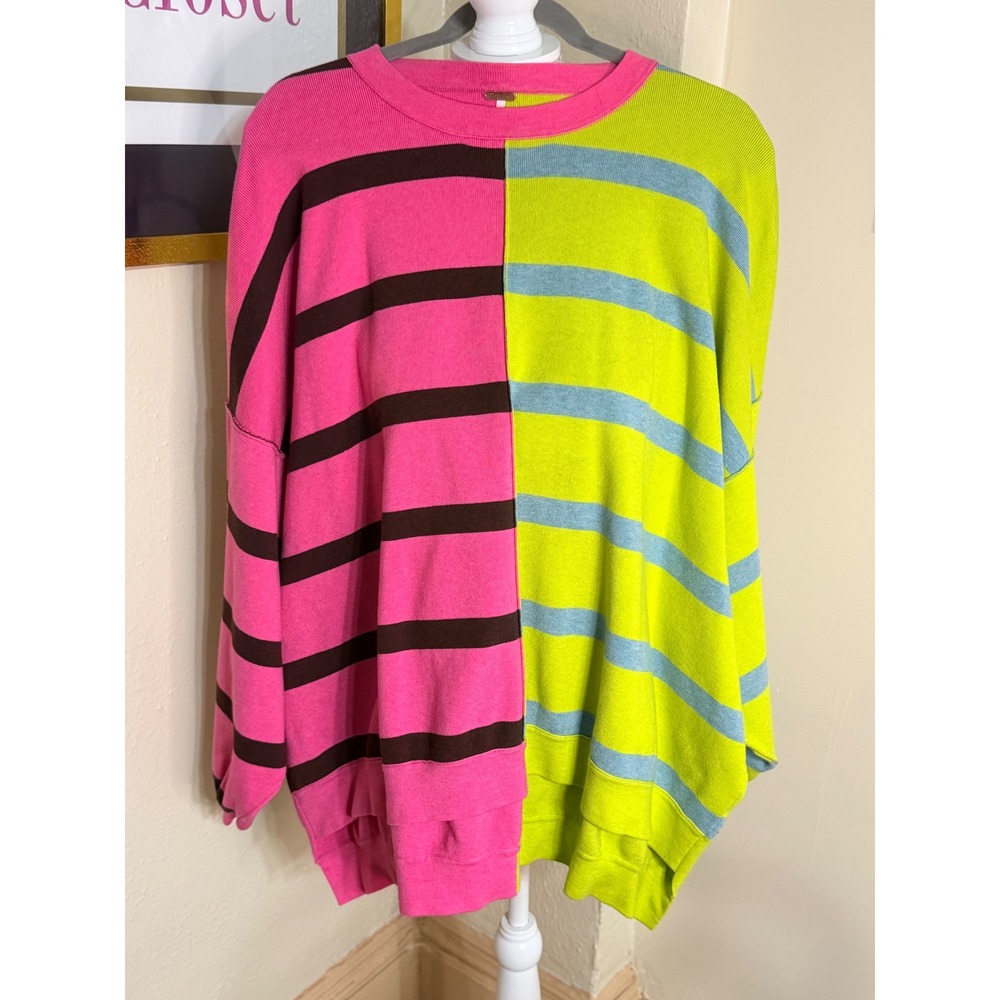 Free People Easy Street Colorblock Striped Tunic Sweater Pink Lime M